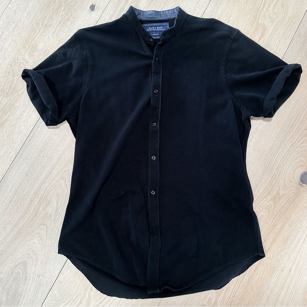 ZARA MAN Slim Fit Madarin Collar Short Sleeve Button Up Size Medium - Picture 9 of 10